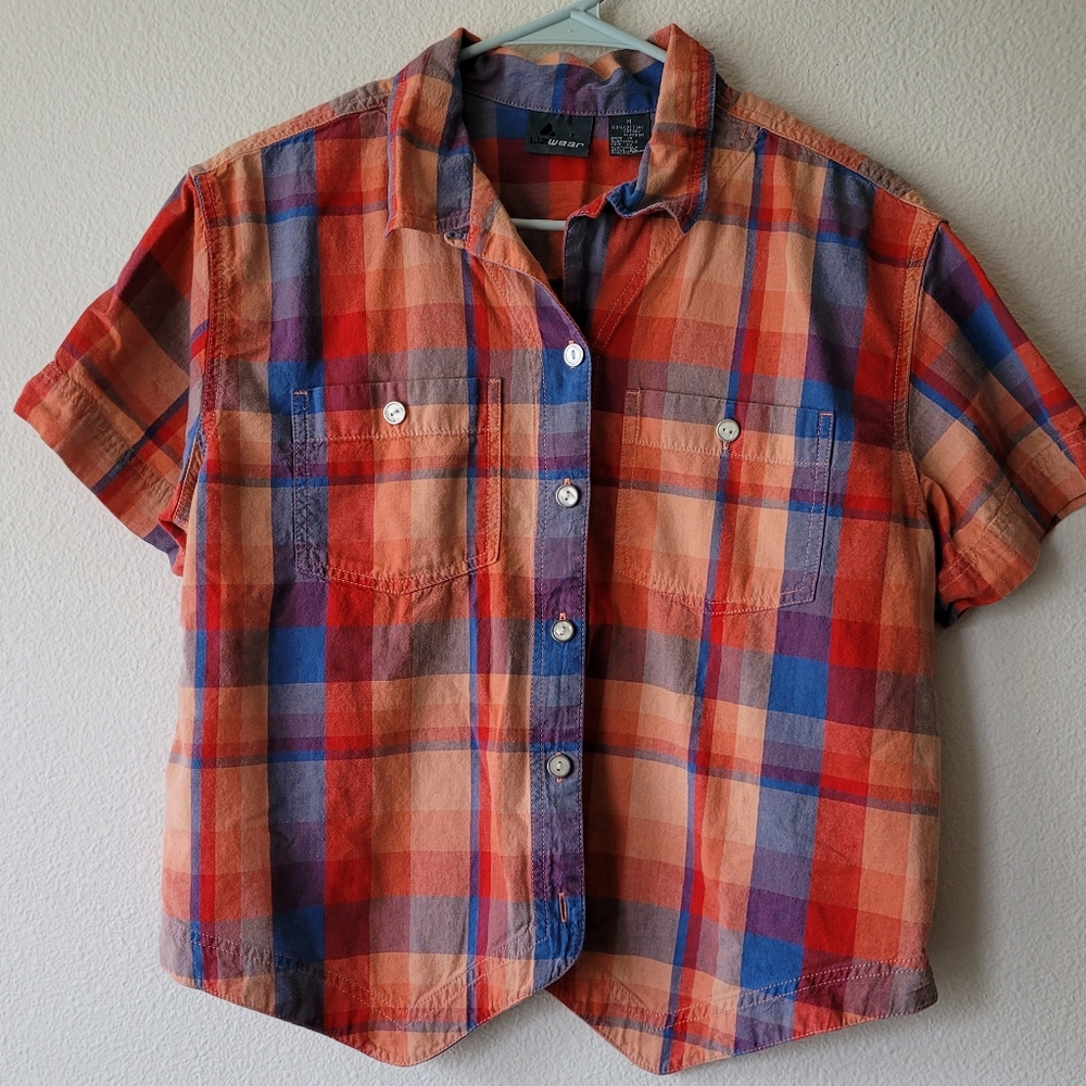 Lizwear Faux Pearl Snap Button Up Shirt Short Sleeve Plaid Western Orange Purple